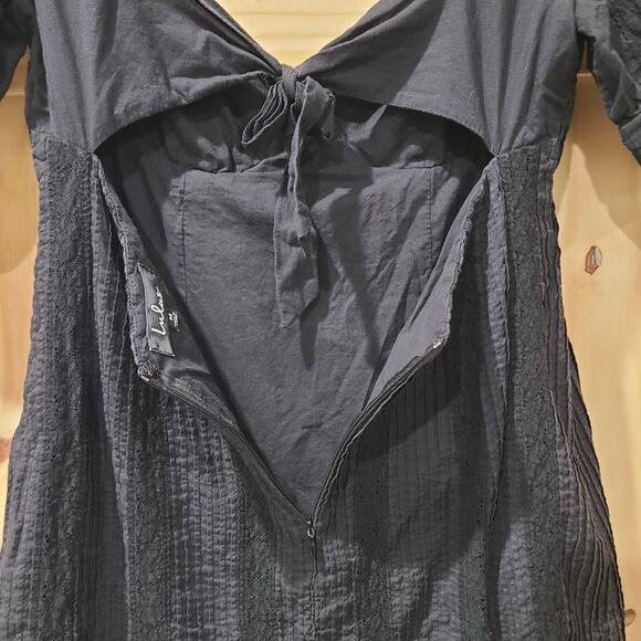 Lulus Black Mini Milkmaid Dress Pleated Lace Ruffle Hem Open Tie Back Size M - Picture 7 of 15